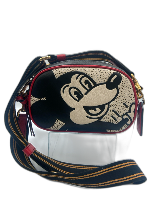 Coach Black, Red & White Leather Zip Close Crossbody Strap Goldtone Hardware Bag Black, Red & White / S