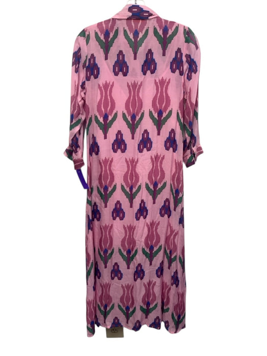 Oliphant Size S Pink, Green & Blue Cotton & Silk Collar Neck Button Down Dress Pink, Green & Blue / S