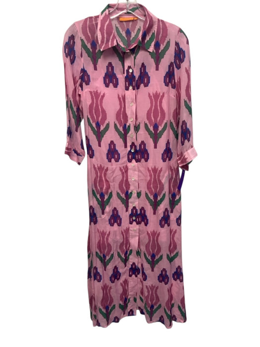 Oliphant Size S Pink, Green & Blue Cotton & Silk Collar Neck Button Down Dress Pink, Green & Blue / S