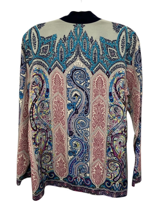 Etro Size 44 Cream White, Navy Blue & Multi Silk Paisley Long Sleeve V Neck Top Cream White, Navy Blue & Multi / 44