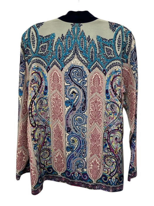 Etro Size 44 Cream White, Navy Blue & Multi Silk Paisley Long Sleeve V Neck Top Cream White, Navy Blue & Multi / 44