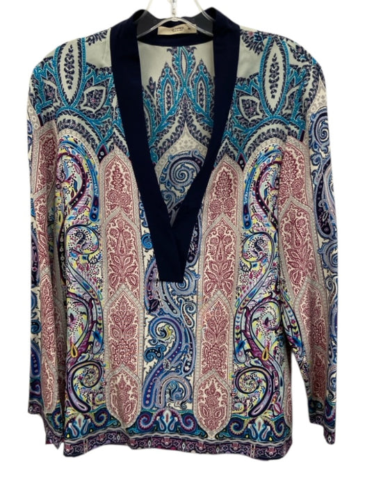 Etro Size 44 Cream White, Navy Blue & Multi Silk Paisley Long Sleeve V Neck Top Cream White, Navy Blue & Multi / 44