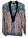 Etro Size 44 Cream White, Navy Blue & Multi Silk Paisley Long Sleeve V Neck Top Cream White, Navy Blue & Multi / 44