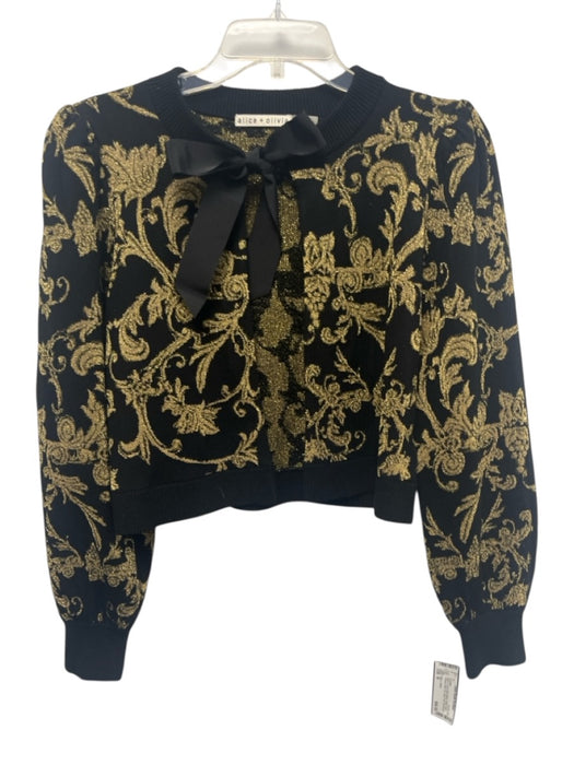 Alice + Olivia Size M Black & Gold Wool Blend Floral Gold Thread Sweater Black & Gold / M