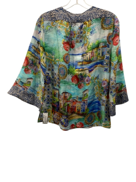 Johnny Was Size Small Blue & Multi Silk Long Sleeve Mixed Print V Neck Top Blue & Multi / Small