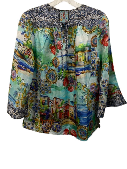 Johnny Was Size Small Blue & Multi Silk Long Sleeve Mixed Print V Neck Top Blue & Multi / Small