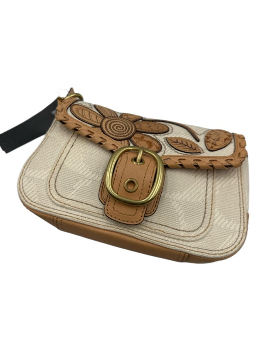 Coach Tan Brown & White Canvas & Leather whipstitch trim Floral Flap Bag Tan Brown & White / Mini