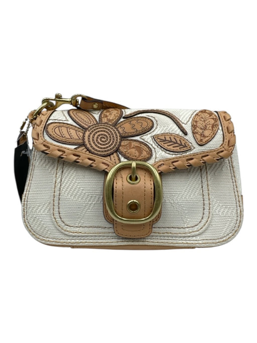 Coach Tan Brown & White Canvas & Leather whipstitch trim Floral Flap Bag Tan Brown & White / Mini