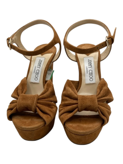 Jimmy Choo Shoe Size 35.5 Camel Brown Suede Block Heel Bow Detail Sandals Camel Brown / 35.5