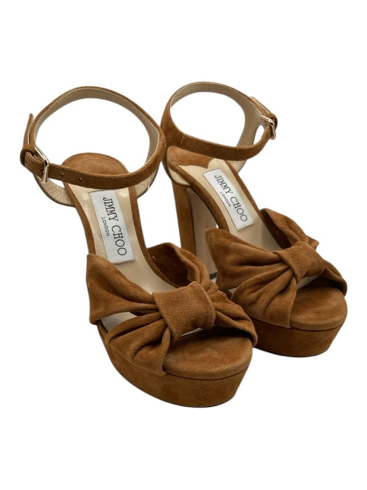 Jimmy Choo Shoe Size 35.5 Camel Brown Suede Block Heel Bow Detail Sandals Camel Brown / 35.5
