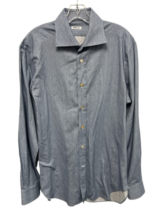 Kiton Size L Blue Cotton Blend Herringbone Button Up Men's Long Sleeve Shirt Blue / L