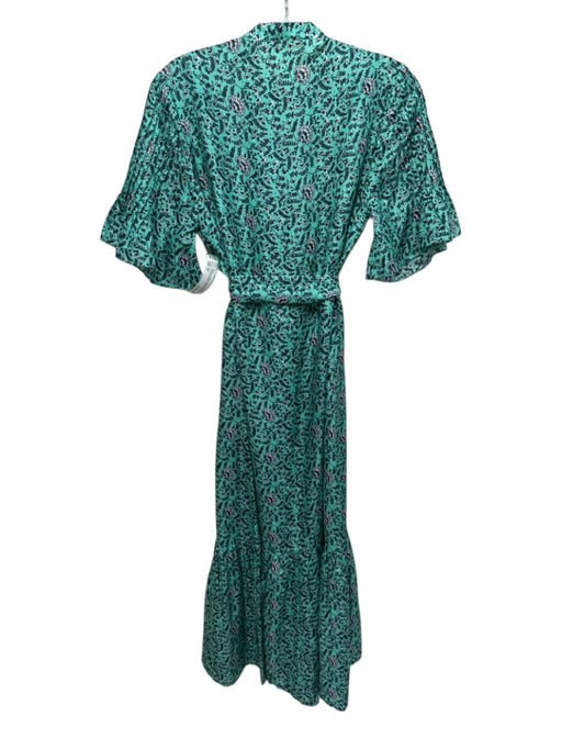 Figue Size S Turquoise & Black Silk Floral & Leaf Print Short Sleeve Dress Turquoise & Black / S