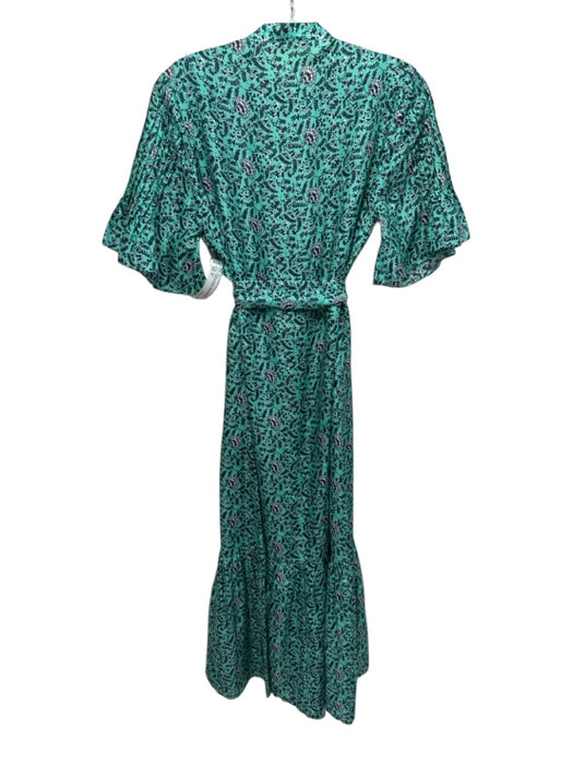 Figue Size S Turquoise & Black Silk Floral & Leaf Print Short Sleeve Dress Turquoise & Black / S