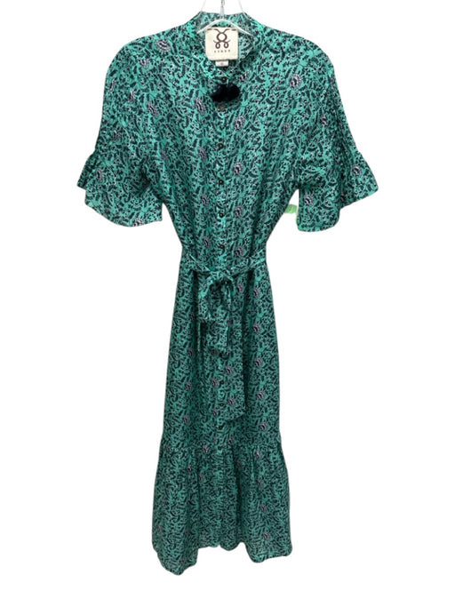 Figue Size S Turquoise & Black Silk Floral & Leaf Print Short Sleeve Dress Turquoise & Black / S