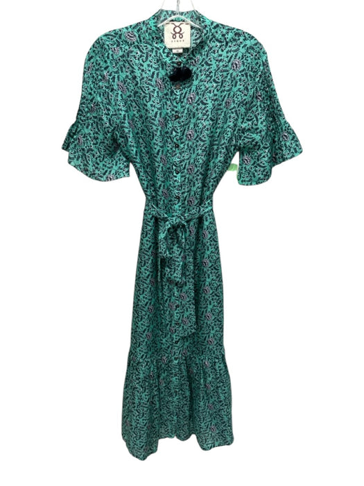 Figue Size S Turquoise & Black Silk Floral & Leaf Print Short Sleeve Dress Turquoise & Black / S