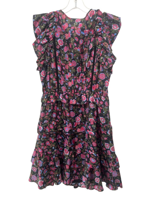 Figue Size S Black, Pink & Blue Silk Floral Short Sleeve Ruffle Dress Black, Pink & Blue / S