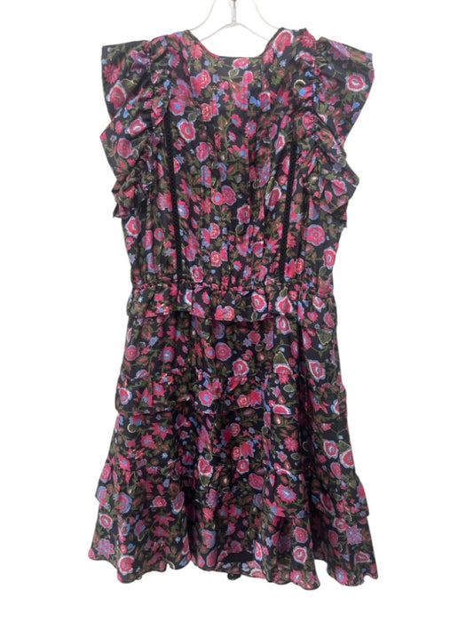 Figue Size S Black, Pink & Blue Silk Floral Short Sleeve Ruffle Dress Black, Pink & Blue / S
