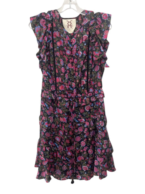 Figue Size S Black, Pink & Blue Silk Floral Short Sleeve Ruffle Dress Black, Pink & Blue / S