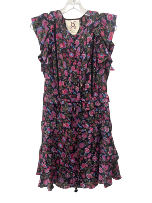 Figue Size S Black, Pink & Blue Silk Floral Short Sleeve Ruffle Dress Black, Pink & Blue / S