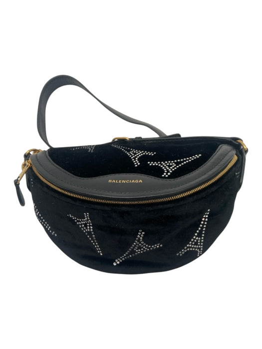 Balenciaga Black Leather & Velvet Crystal Embellishments Chain Strap Bag Black / XS