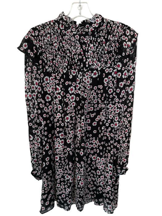 The Kooples Size 2 Black & Red Viscose Long Sleeve Flowers Smocked Dress