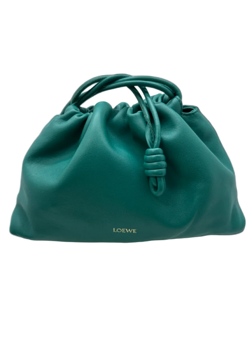 Loewe Teal Green Lamb leather Gold Chain Detail Drawstring Logo Bag Teal Green / Small