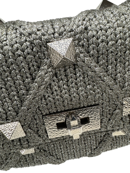 Valentino Garavani Silver Leather & Knit Studded Diamond Chain Strap Bag Silver / M