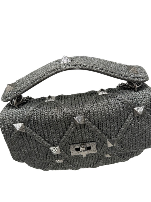 Valentino Garavani Silver Leather & Knit Studded Diamond Chain Strap Bag Silver / M