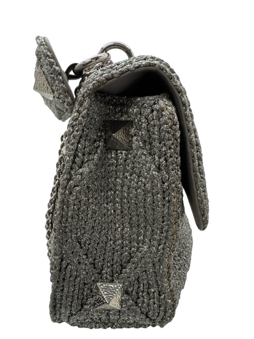 Valentino Garavani Silver Leather & Knit Studded Diamond Chain Strap Bag Silver / M