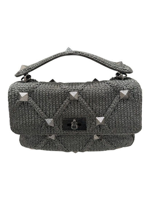 Valentino Garavani Silver Leather & Knit Studded Diamond Chain Strap Bag Silver / M
