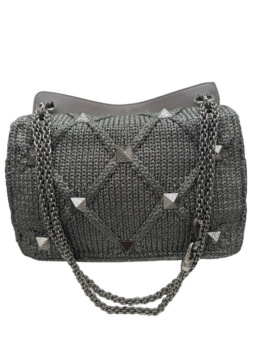 Valentino Garavani Silver Leather & Knit Studded Diamond Chain Strap Bag Silver / M
