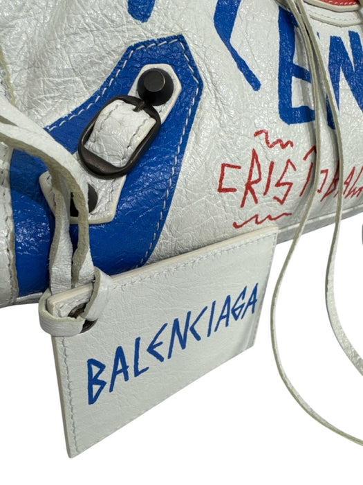 Balenciaga White, Red & Blue Leather Zip Top Graffiti Tassel Detail Bag White, Red & Blue / Small