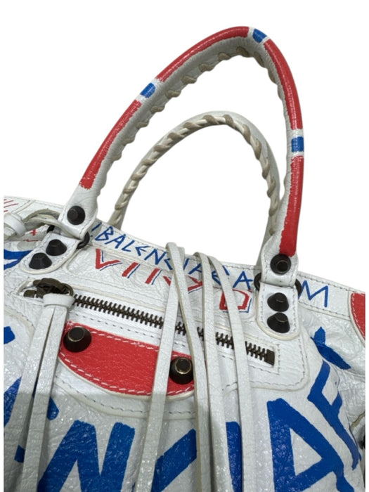 Balenciaga White, Red & Blue Leather Zip Top Graffiti Tassel Detail Bag White, Red & Blue / Small