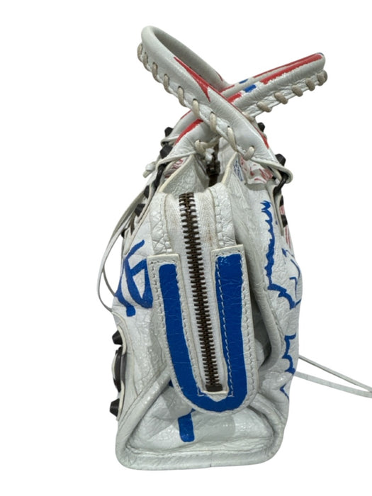 Balenciaga White, Red & Blue Leather Zip Top Graffiti Tassel Detail Bag White, Red & Blue / Small