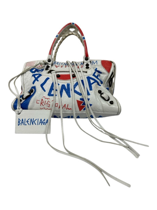 Balenciaga White, Red & Blue Leather Zip Top Graffiti Tassel Detail Bag White, Red & Blue / Small