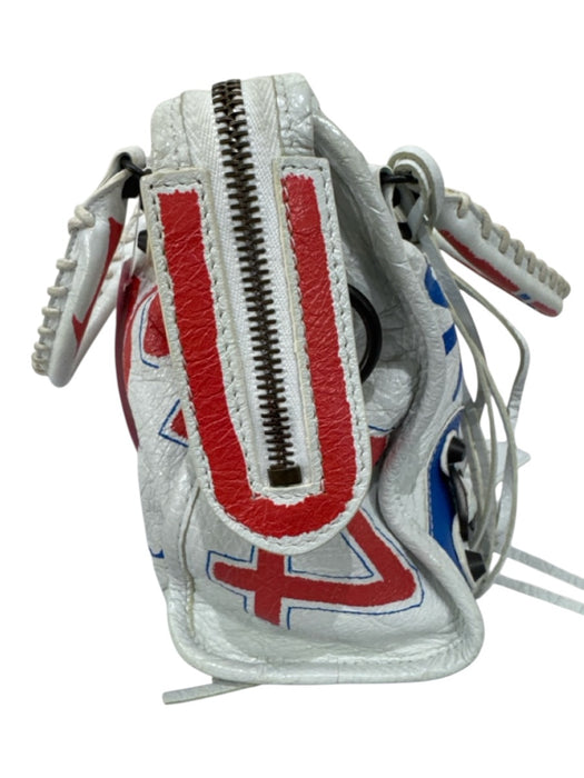 Balenciaga White, Red & Blue Leather Zip Top Graffiti Tassel Detail Bag White, Red & Blue / Small