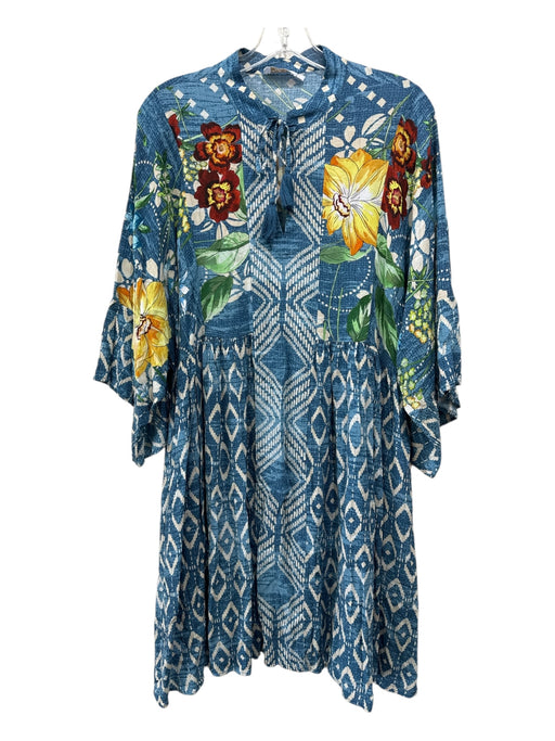 Johnny Was Size L Blue, Yellow & Multi Viscose Long Sleeve Floral V Neck Dress Blue, Yellow & Multi / L