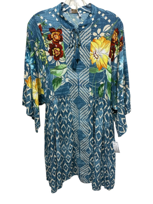 Johnny Was Size L Blue, Yellow, Multi Viscose Floral & Geometric Dress Blue, Yellow, Multi / L