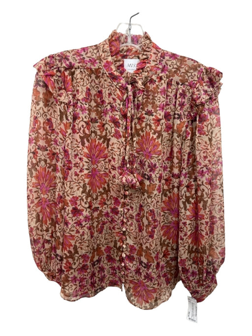 Misa Size S Beige & Pink Polyester Floral Paisley Ruffle Neckline Top Beige & Pink / S