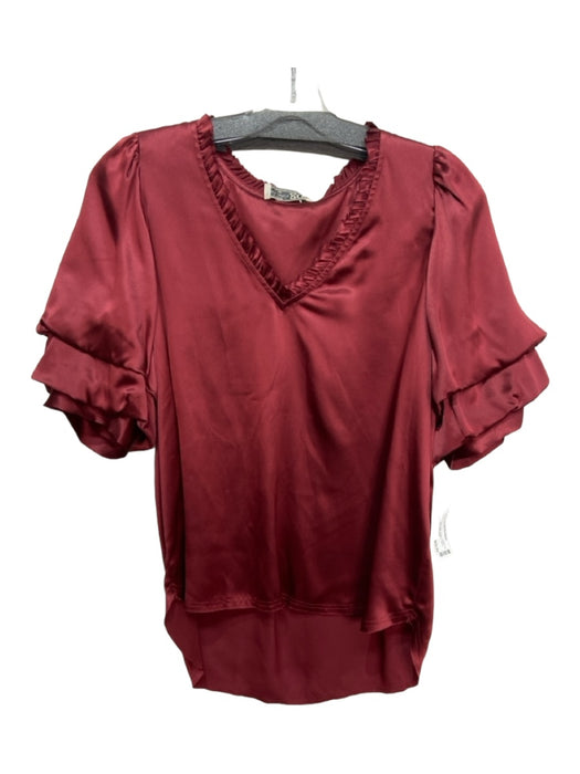 Go Silk Size S Maroon Red Silk Ruffle V Neck Short Puff Sleeve Top Maroon Red / S