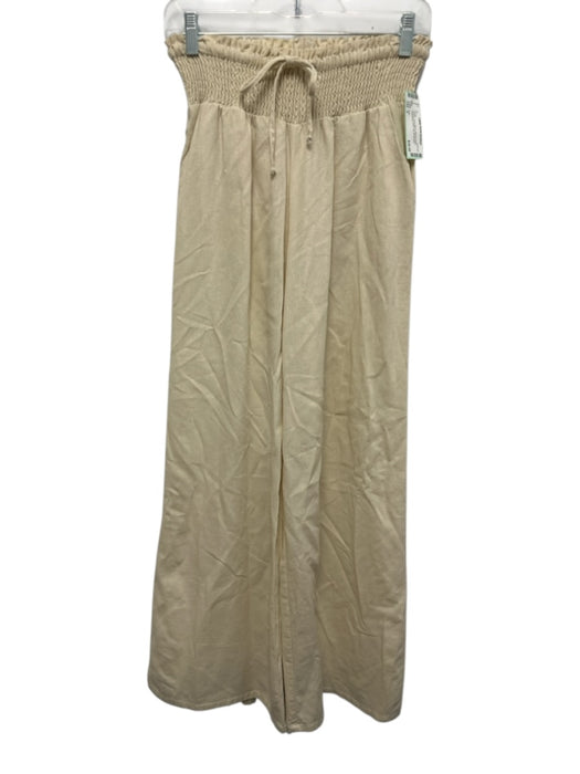 Krisa Size S Cream Linen Blend Shirred Waist Drawstring Wide Leg Pants Cream / S