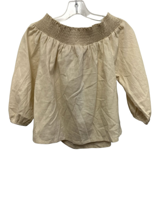 Krisa Size S Beige Linen Blend Shirred Neckline Off Shoulder Balloon Sleeve Top Beige / S