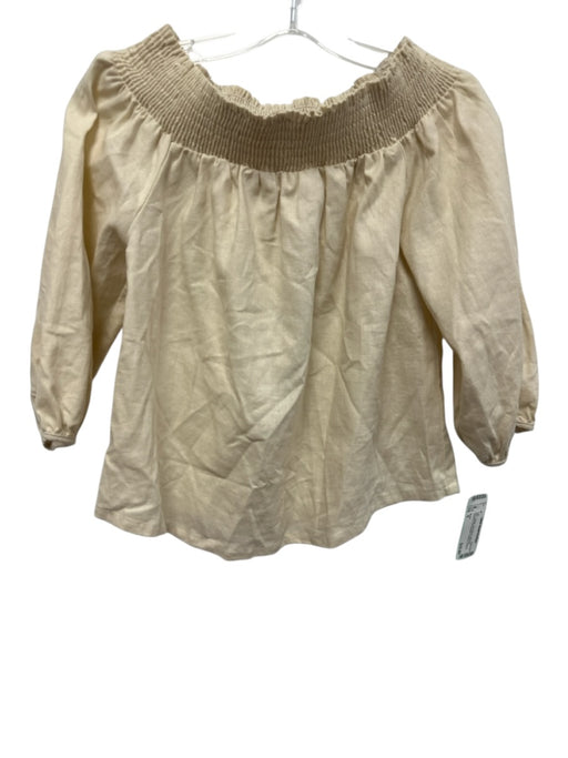 Krisa Size S Beige Linen Blend Shirred Neckline Off Shoulder Balloon Sleeve Top Beige / S