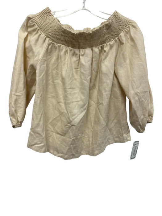 Krisa Size S Beige Linen Blend Shirred Neckline Off Shoulder Balloon Sleeve Top Beige / S