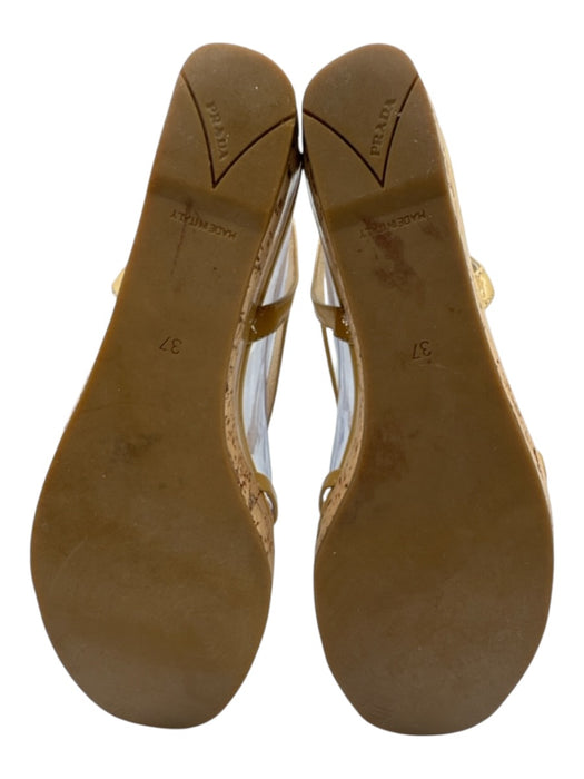 Prada Shoe Size 37 Beige Patent Leather Cork Slingback Strappy Platform Sandals Beige / 37