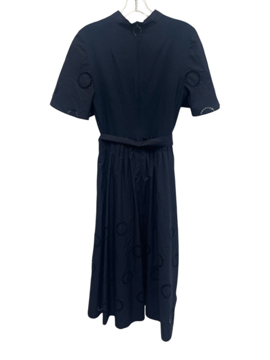 Akris Size 8 Navy Blue Cotton Fabric Block Eyelet Split V neck Belted Dress Navy Blue / 8