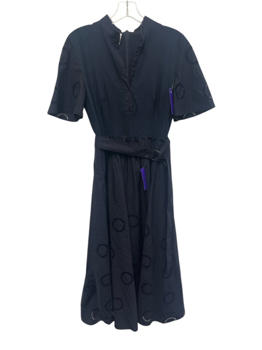Akris Size 8 Navy Blue Cotton Fabric Block Eyelet Split V neck Belted Dress Navy Blue / 8