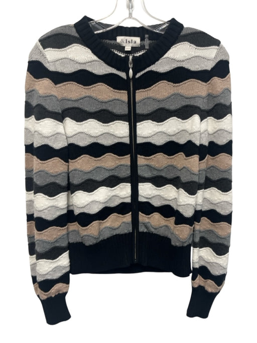 & Isla Size XS Black, White, Gray Cotton Long Sleeve Striped Knit Zip Up Sweater Black, White, Gray / XS