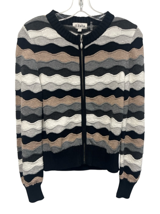 & Isla Size XS Black, White, Gray Cotton Long Sleeve Striped Knit Zip Up Sweater Black, White, Gray / XS