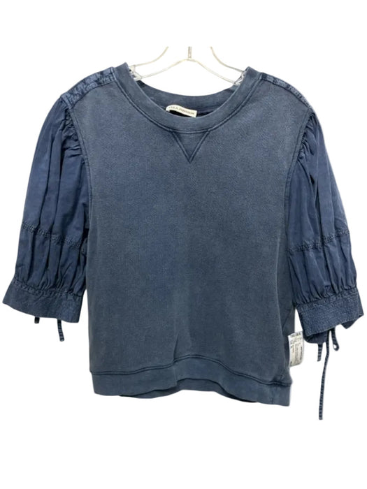 Ulla Johnson Size XL Blue Cotton Chambray Gathered Sleeves Tie Cuff Top Blue / XL